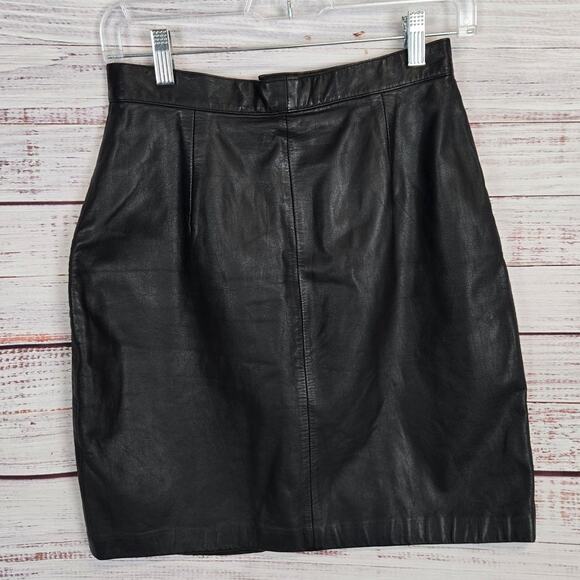 Vintage Black Genuine Leather Mini Skirt Vtg Sz 9 (26") Office Siren Edgy Retro - Picture 2 of 9
